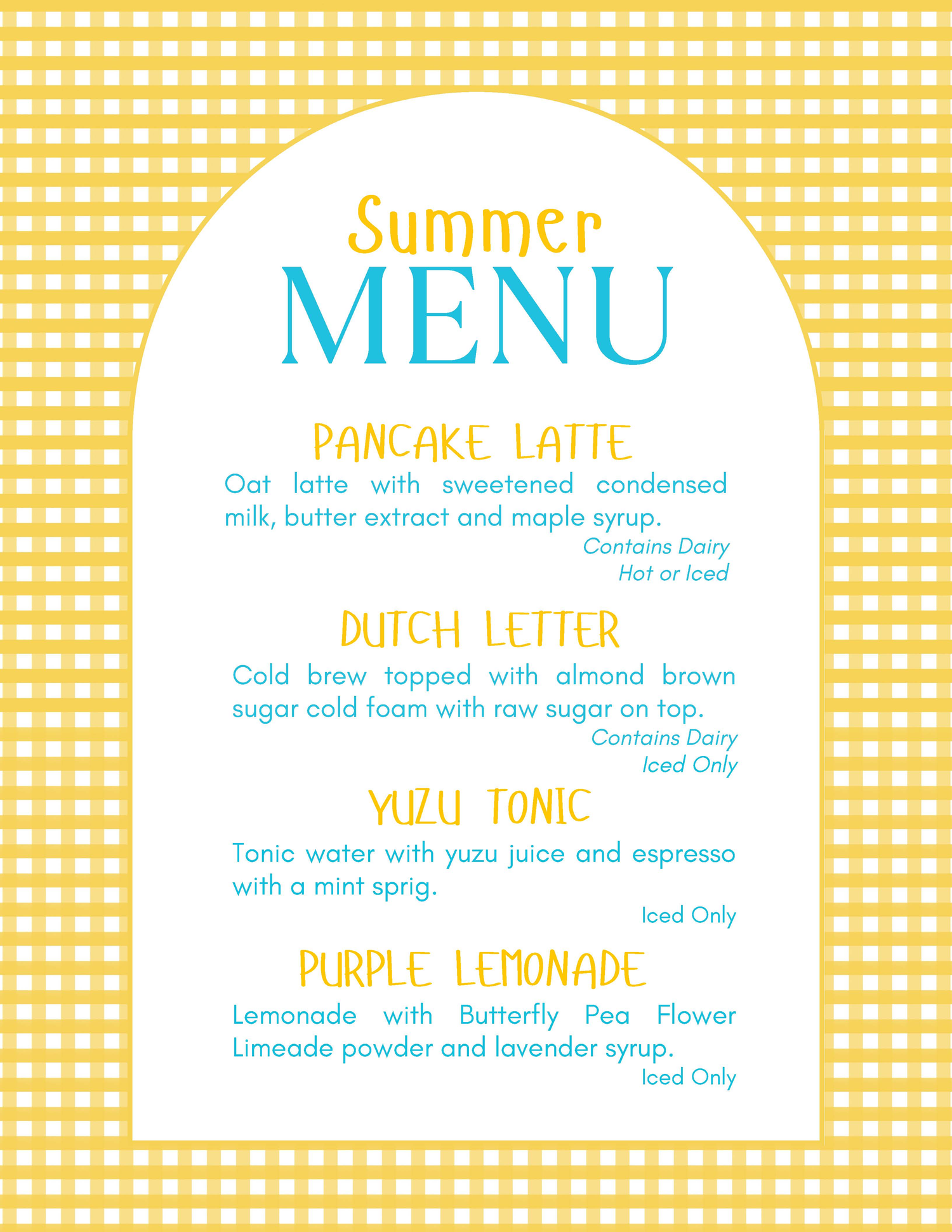 Summer menu with drink options on a yellow checkered background
