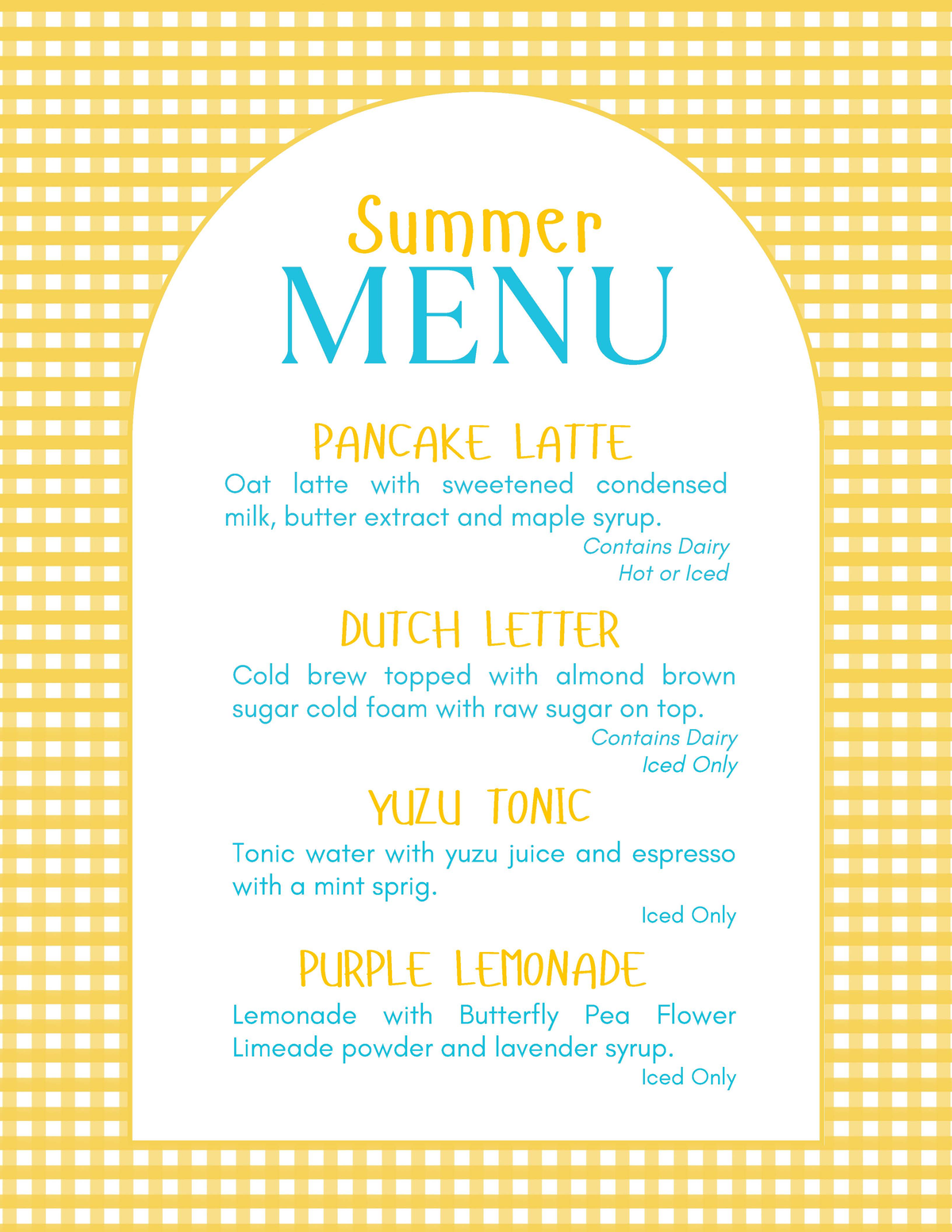 Summer menu with drink options on a yellow checkered background