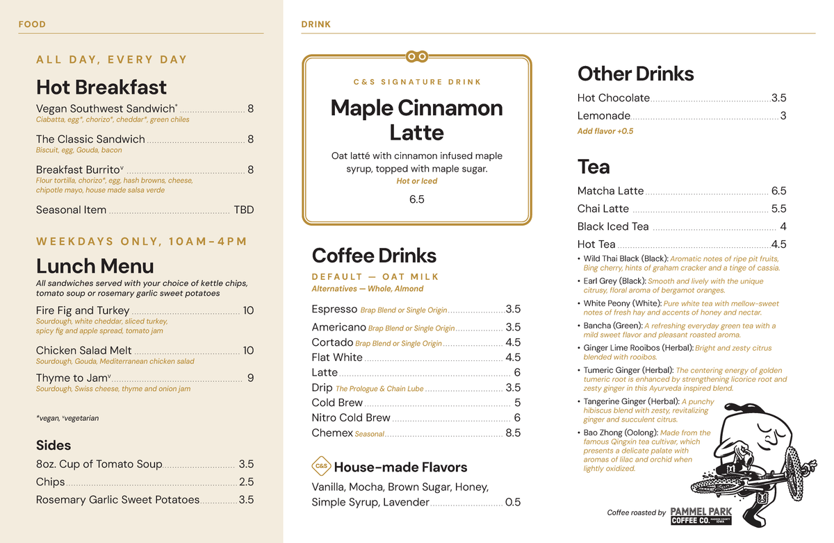 A printed cafe menu page with sections for food, drink, and other options, featuring a central coffee latte menu item and a small cartoon character in the bottom right corner.