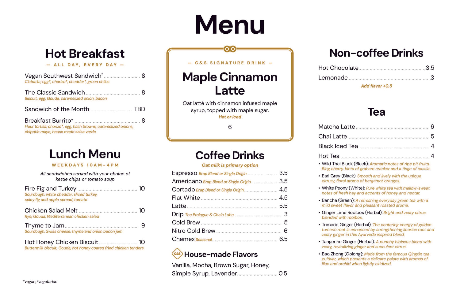 Menu with breakfast, lunch, and drink options on a white background