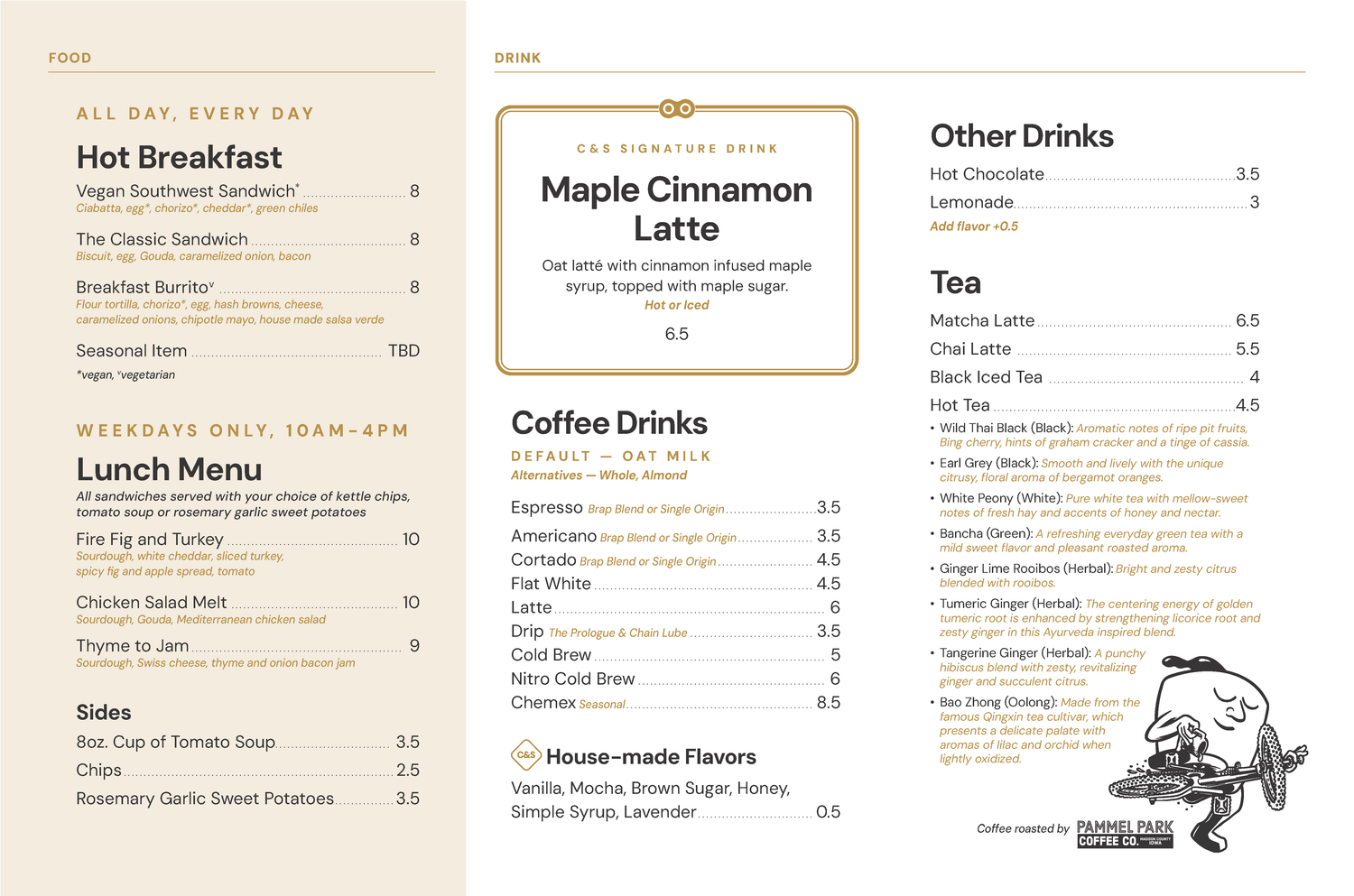 Menu with breakfast, lunch, and drink options on a white background