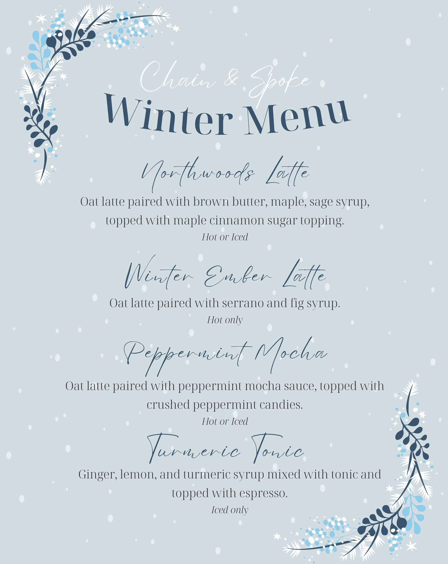 Winter Menu with latte options on a light blue background with decorative elements